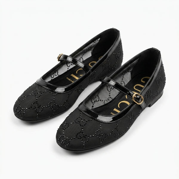 Gucci Women Crystal Mary Jane Flats | Black Crystal Mesh