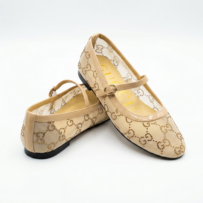Gucci Women Crystal Mary Jane Flats | Beige Crystal Mesh