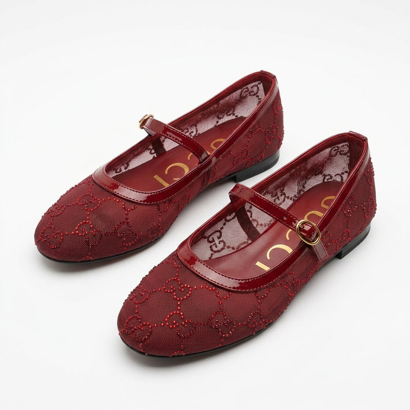 Gucci Women Crystal Mary Jane Flats | Burgundy Crystal Mesh