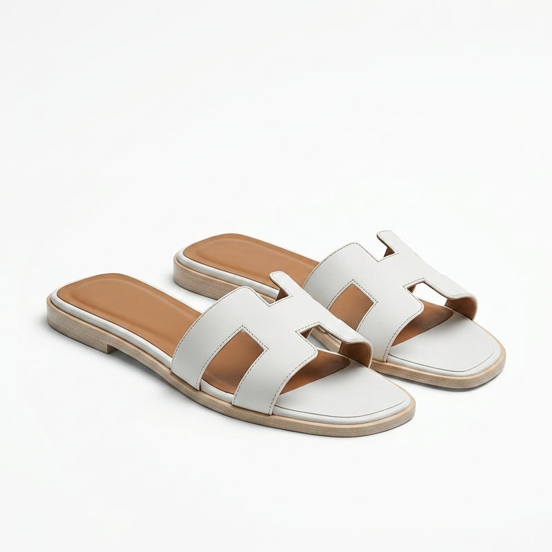 Hermès Women Oran Flat Slides | White with Brown Footbed