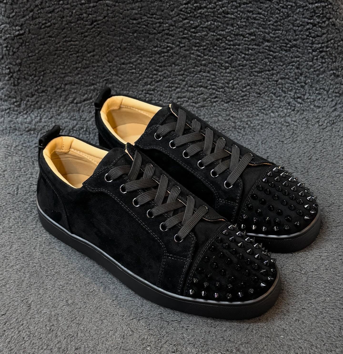 Christian Louboutin Vieira 2 Sneakers – Black Veau Velours with Glossy Spike Embellishments
