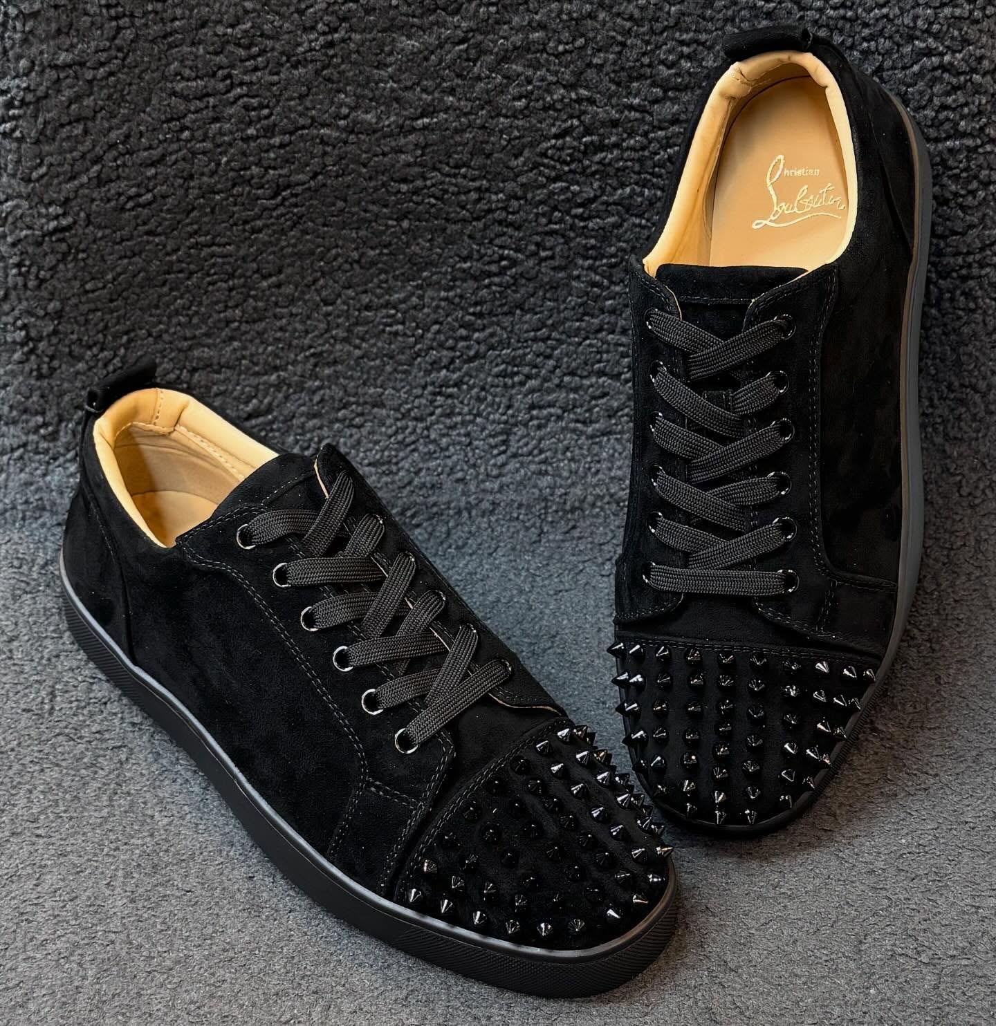 Christian Louboutin Vieira 2 Sneakers – Black Veau Velours with Glossy Spike Embellishments