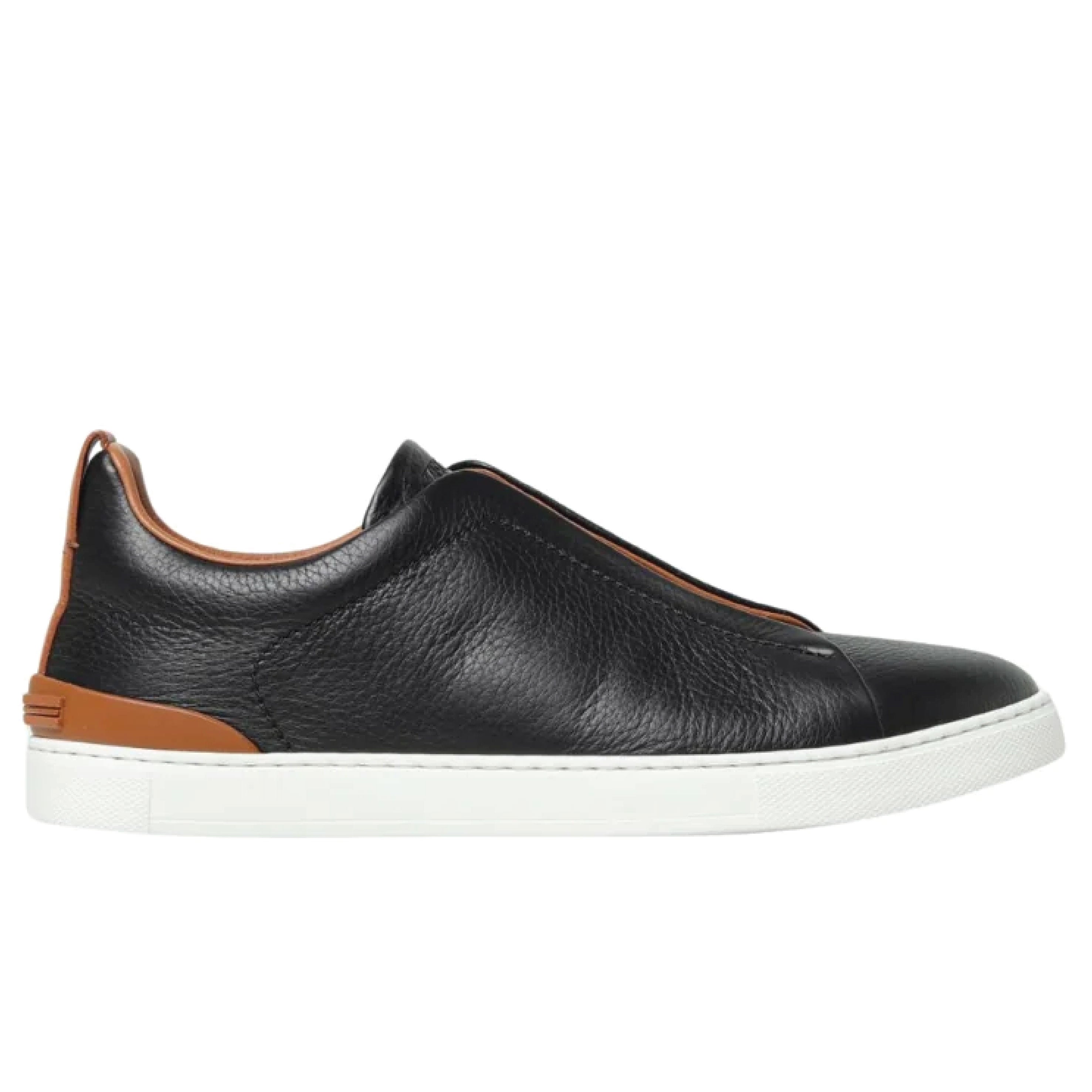 Zegna Triple Stitch Leather Slip-On Sneakers – Black Calfskin