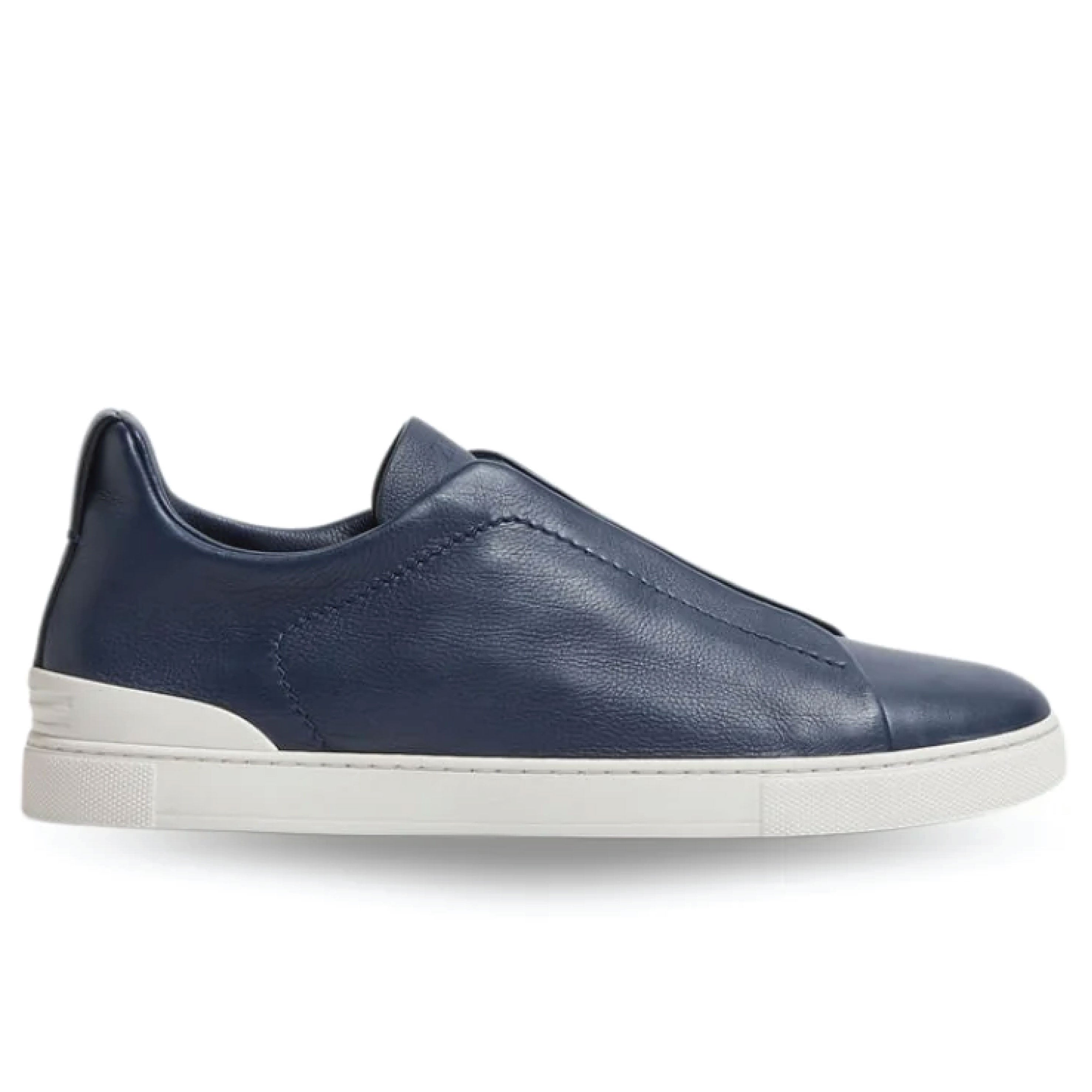 Zegna Navy Blue Deerskin Triple Stitch™ Sneakers – Luxury Slip-On