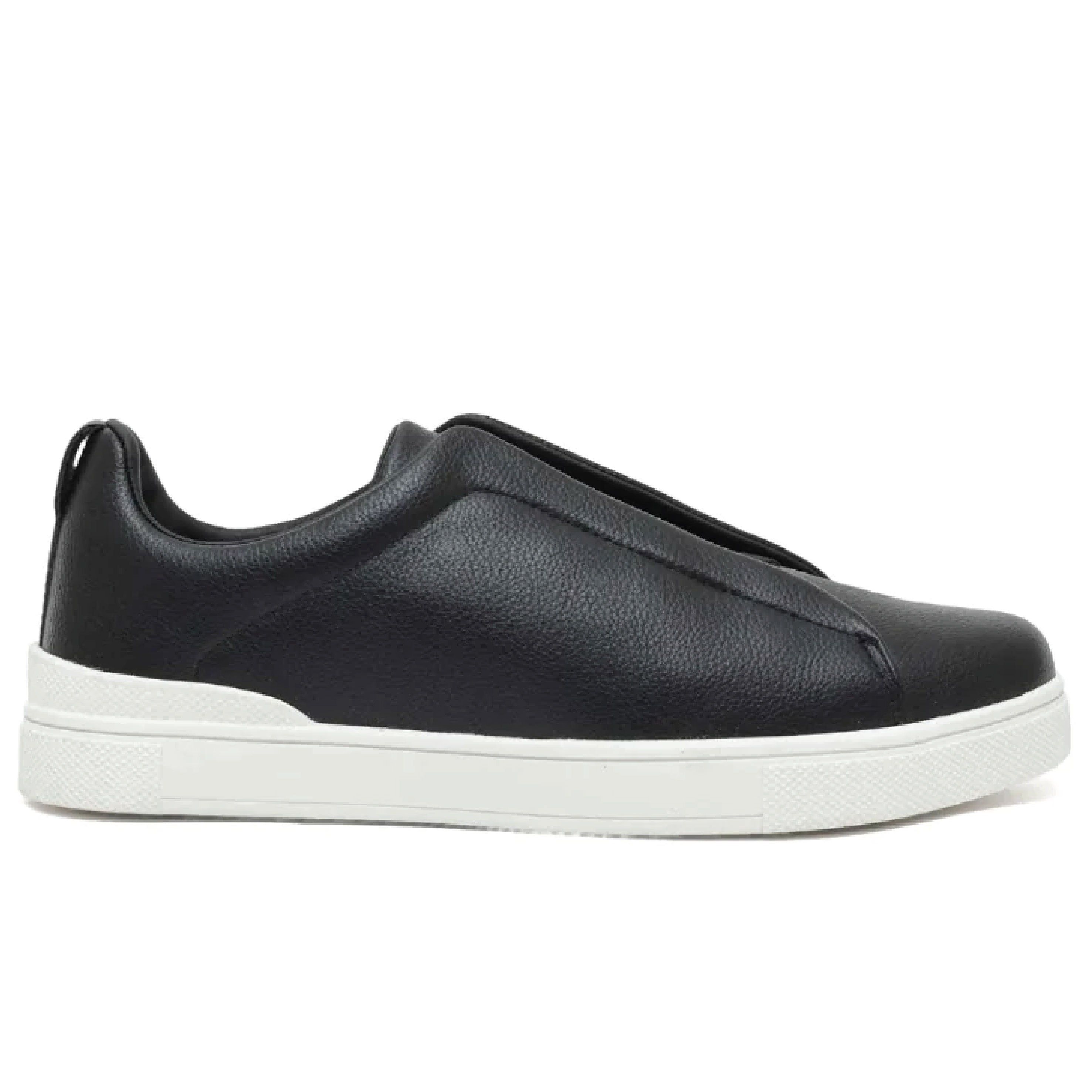 Zegna Triple Stitch Low-Top Sneakers – Black Calf Leather & White Rubber Sole
