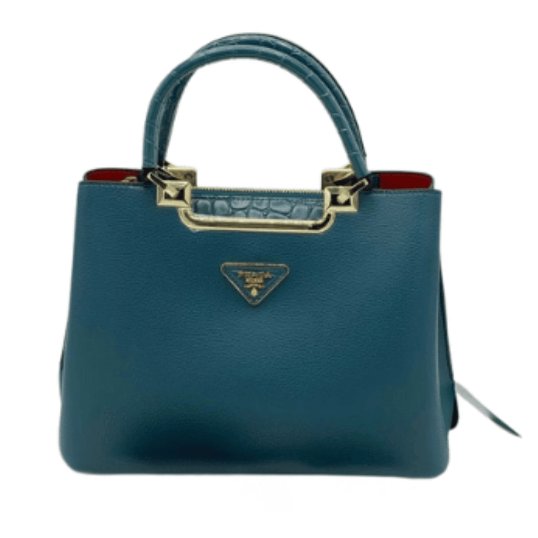 Prada Bag | Top Handle Bag With A Crocodile-embossed Teal Blue
