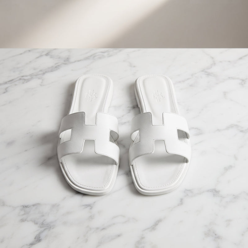 Women's White Leather Cutout Slide Sandals