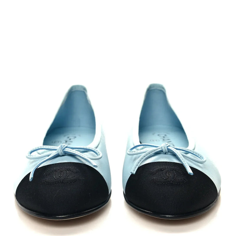 Chanel  Women's Loafers |  Lambskin Grosgrain Cap Toe CC Light Blue Black