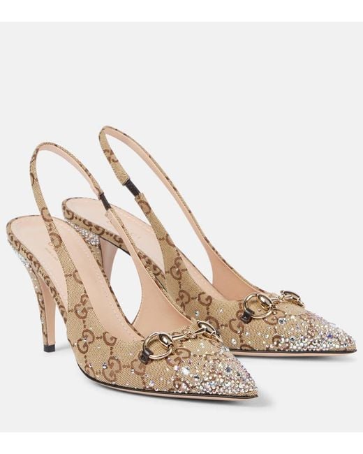 Gucci Horsebit GG Canvas Crystal-Embellished Pumps